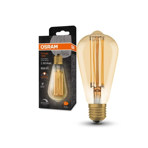 OSRAM Dimmbare LED-Lampen, Vintage-Edition, 60 Watts Ersatz, E27, ST64-shape, 2200 Kelvin, Warm Comfort Light, Klares Glas, single Pack