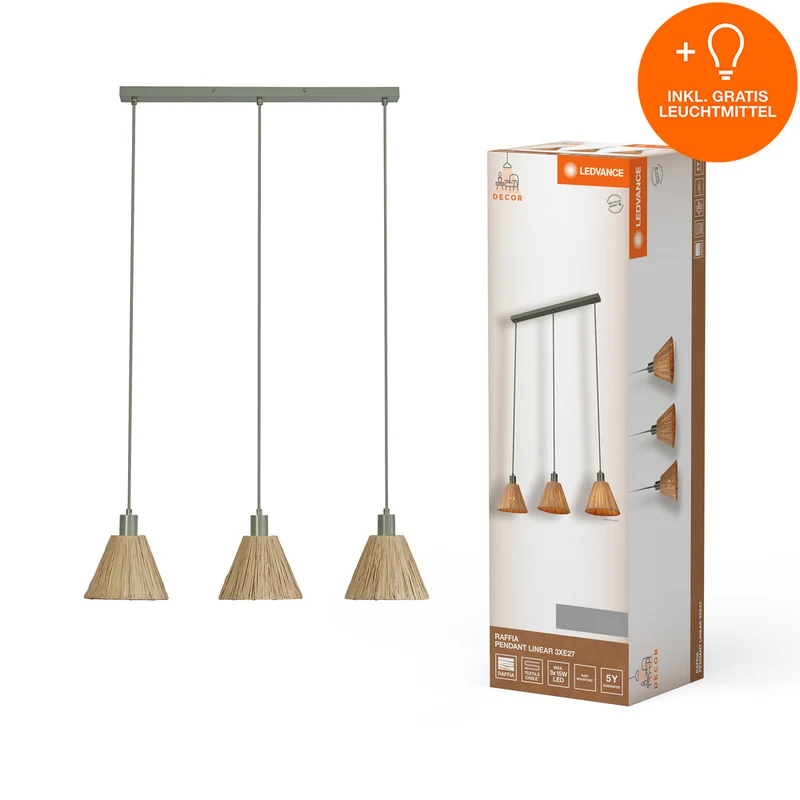LEDVANCE DECOR Pendelleuchte Decor Raffia Linear grün, 3xE27, inkl. Leuchtmittel