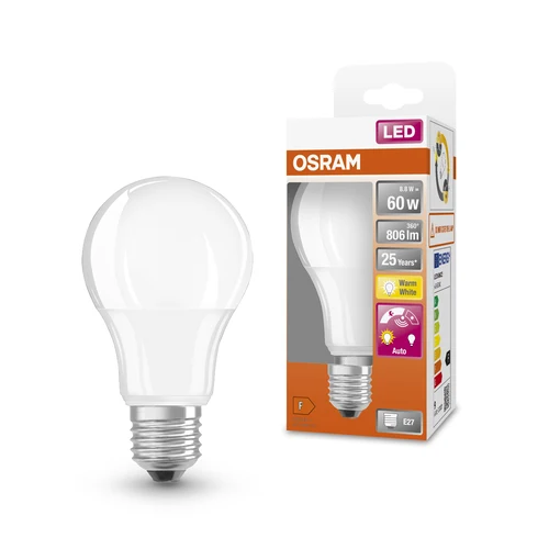 OSRAM LED DAYLIGHT Sensor Classic A LED Lampe matt (ex 60W) 9W / 2700K Warmweiß E27