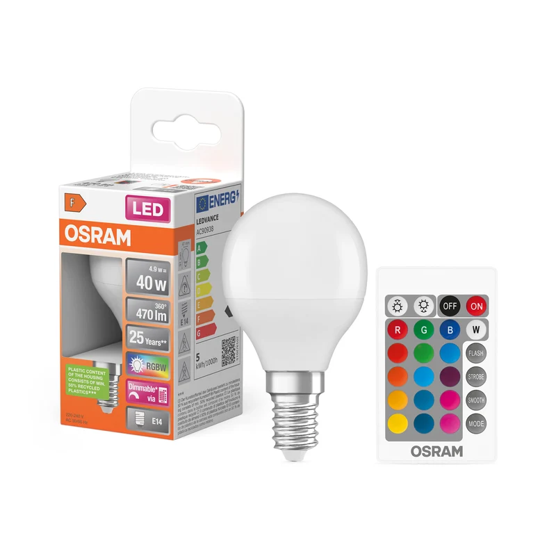 OSRAM LED Retrofit RGBW lamps with remote control in P-Form, LED-Lampe, Matt, 4,9 W, (ex 40 W), 470 lm, Warmweiß, 2700 K, Dimmbar, 25000 h, CRI 80, Fernbedienung