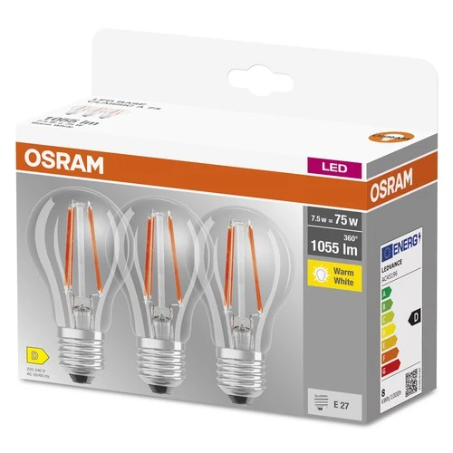 OSRAM LED BASE CLASSIC A Lampe klar (ex 75W) 7,5W / 2700K Warmweiß E27, 3er Pack