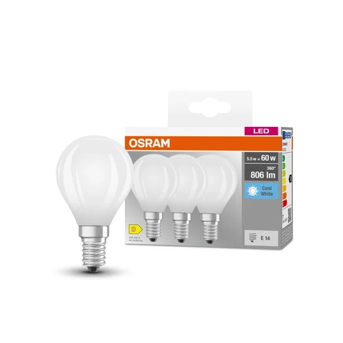 OSRAM LED BASE RETRO MATT CLP LED-Lampen, klassische Miniballform 5,5W E14 840, 3er Pack , Kaltweiß