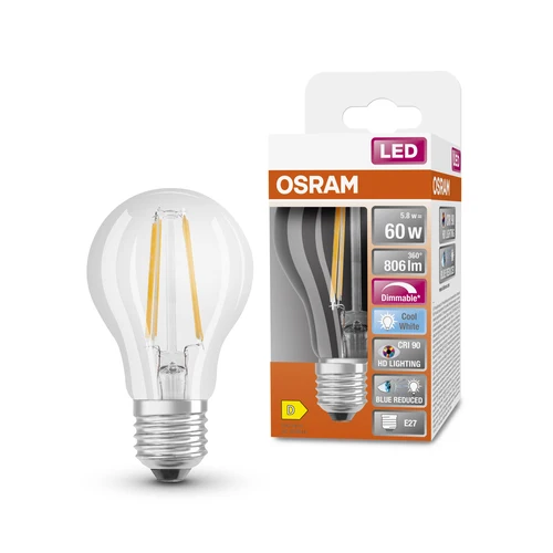 OSRAM Dimmbare LED-Lampe LED SUPERSTAR+ CL A FIL 60 dim 5,8W/940 E27 CRI90 BOX, E27 , Kaltweiß