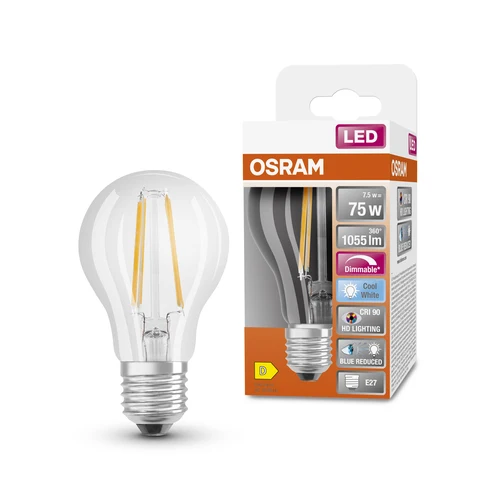OSRAM Dimmbare LED-Lampe LED SUPERSTAR+ CL A FIL 75 dim 7,5W/940 E27 CRI90 BOX, E27 , Kaltweiß
