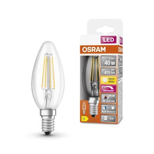 OSRAM Dimmbare LED-Lampe LED SUPERSTAR+ CL B FIL 40 dim 3,4W/927 E14 CRI90 BOX , Warmweiß