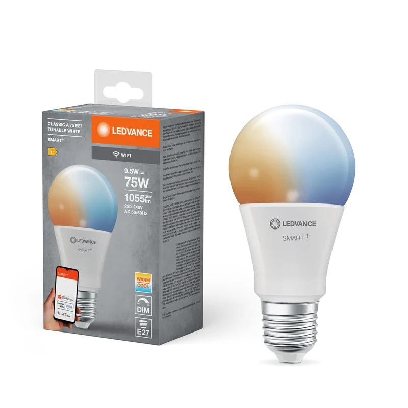 LEDVANCE SMART+ WiFi Classic Tunable White in A-Form, LED-Lampe, Matt, 9,5 W, (ex 75 W), 1055 lm, Lichtfarbe variabel, Wifi, Smartspeaker-Kompatibel, Dimmbar