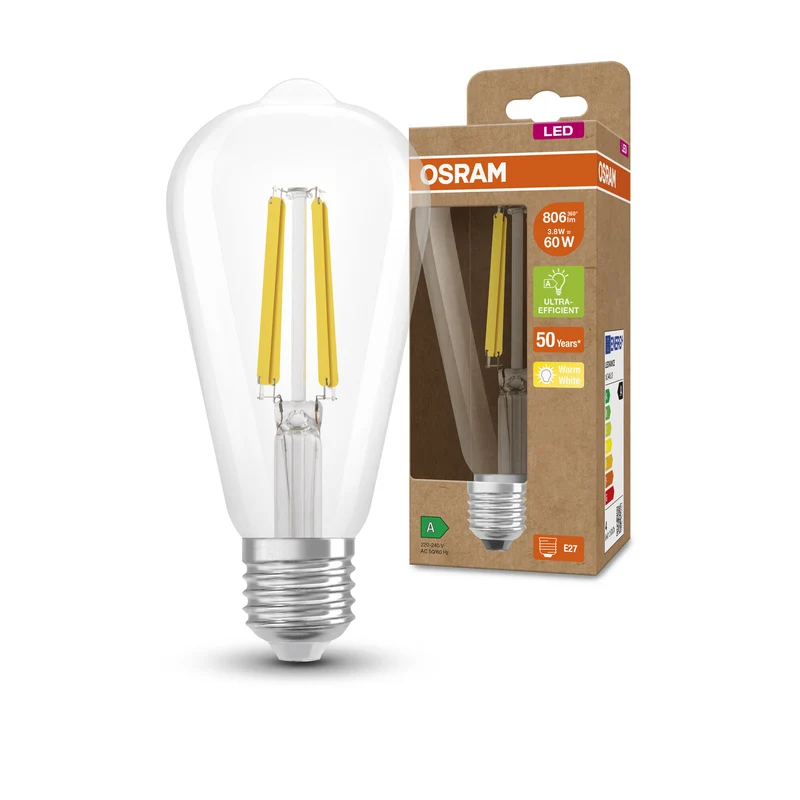 OSRAM LED LAMPS ENERGY CLASS A ENERGY EFFICIENCY FILAMENT CLASSIC EDISON , LED-Lampe, Bleifreies Glas, Klar, 4 W, (ex 60 W), 840 lm, Warmweiß, Energieeffizienzklasse: A