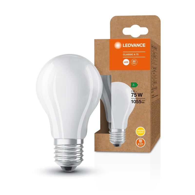 LEDVANCE LED CLASSIC A ENERGY EFFICIENCY A S , LED-Lampe, Bleifreies Glas, Matt, 5 W, (ex 75 W), 1055 lm, Warmweiß, 3000 K, Energieeffizienzklasse: A, 50000 h, CRI ≥80