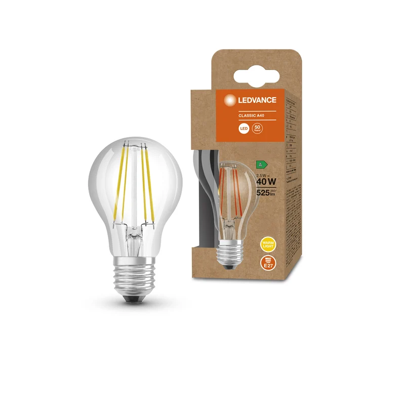 LEDVANCE LED CLASSIC A ENERGY EFFICIENCY A S in A-Form, LED-Lampe, Glas, Klar, 2,5 W, (ex 40 W), 525 lm, Warmweiß, 3000 K, Energieeffizienzklasse: A, 50000 h, CRI ≥80