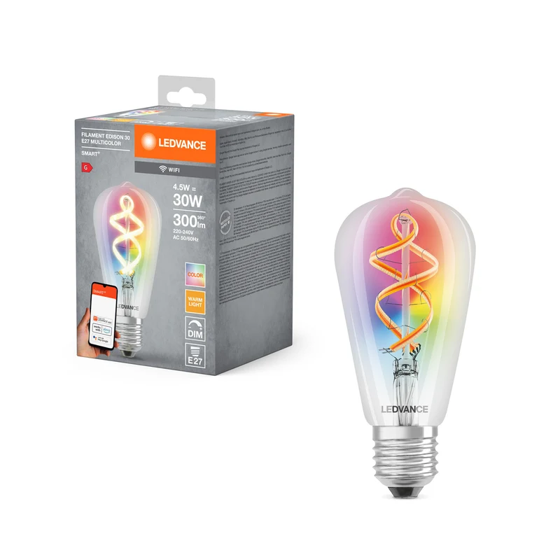 LEDVANCE SMART+ WiFi Filament Edison RGBW , LED-Lampe, Bleifreies Glas, Klar, 4,5 W, (ex 30 W), 300 lm, Warmweiß, 2700 K, Wifi, Smartspeaker-Kompatibel, Dimmbar
