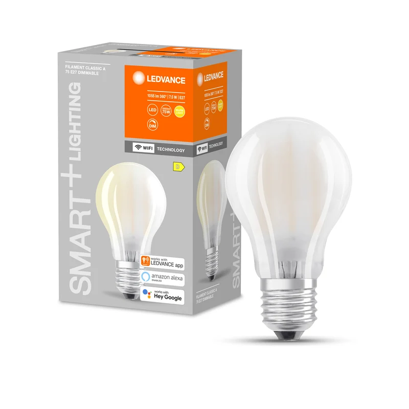 LEDVANCE SMART+ WiFi Filament Classic Dimmable , LED-Lampe, Bleifreies Glas, Matt, 7,5 W, (ex 75 W), 1055 lm, Warmweiß, 2700 K, Wifi, Smartspeaker-Kompatibel, Dimmbar