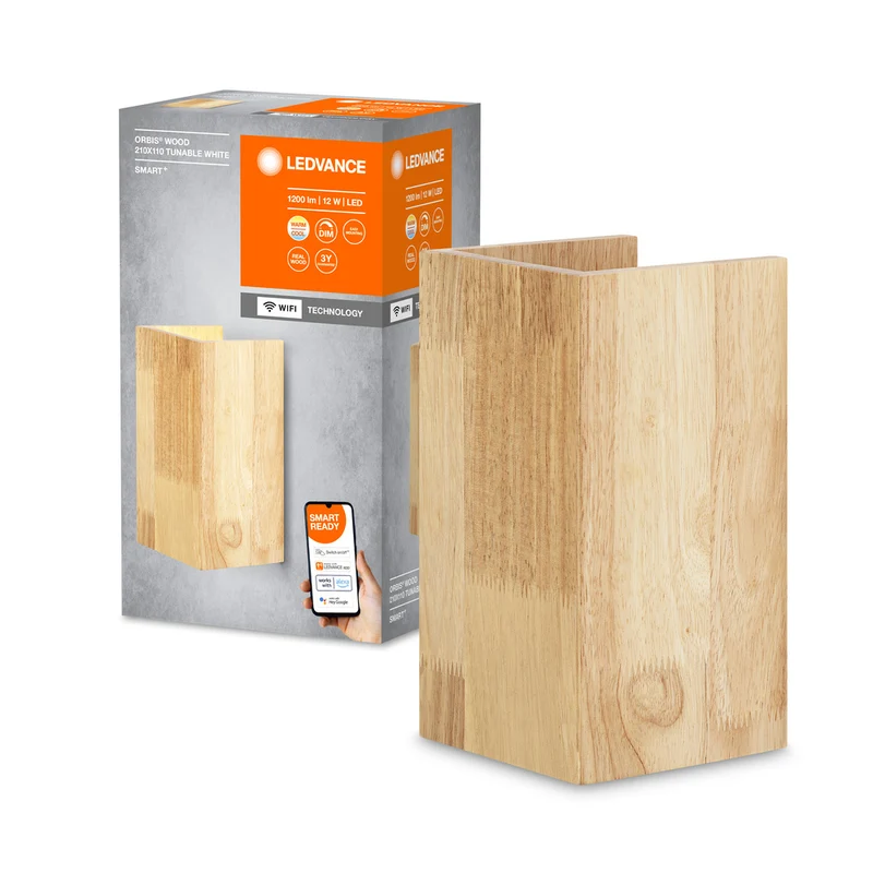 LEDVANCE Wifi SMART+ ORBIS WOOD LED Wandleuchte 21x11cm in Holzoptik Tunable Weiß 12W / 3000-6500K