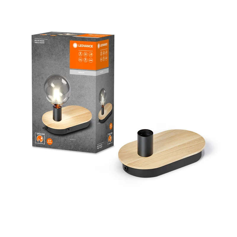 LEDVANCE DECOR Wood Touch Tischleuchte USB, schwarz/holz, E27