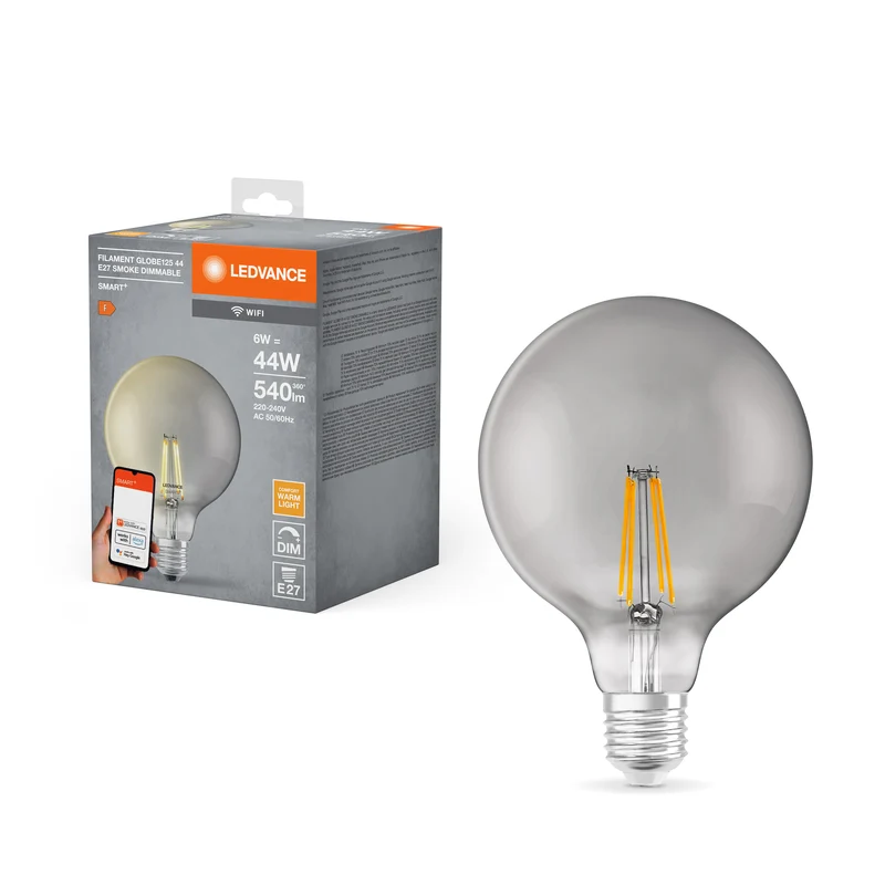 LEDVANCE SMART+ WiFi Filament Globe Dimmable , LED-Lampe, Bleifreies Glas, Smoke, 6 W, (ex 44 W), 540 lm, Warmweiß, 2500 K, Wifi, Smartspeaker-Kompatibel, Dimmbar