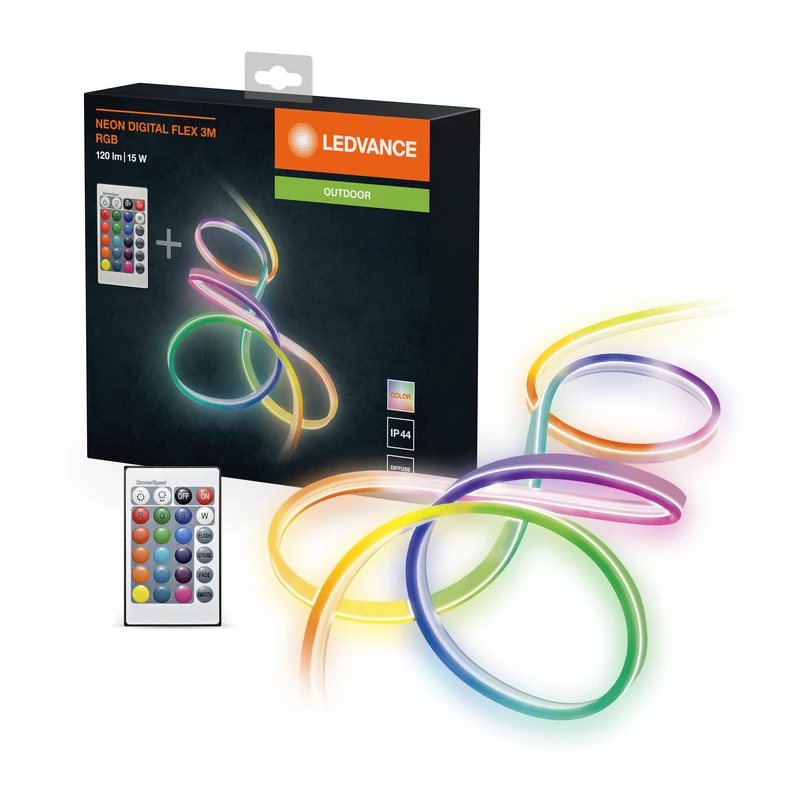 LEDVANCE Neon Digital Flex mehrfarbige Outdoor-LED-Strips 3M RGB + RC aus Silikon, IP44-Schutz, indirekte und direkte Beleuchtung für Garten und Balkon