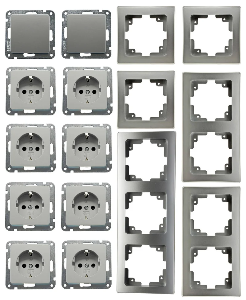 DELPHI Starter-Kit, 16-tlg "PRO", Silber 8x Steckdose, 2x Schalter, Klemmanschluß