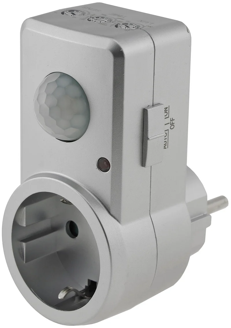 Zwischenstecker mit Bewegungsmelder 120°, 9m Reichweite , 230V/1200W, silber