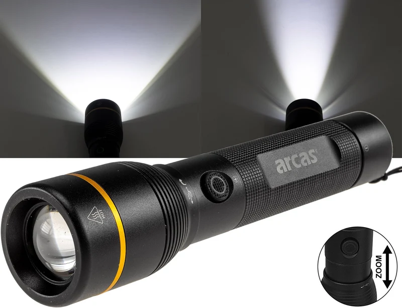 LED-Taschenlampe ARCAS mit Akku 10W 1000lm, Zoom, Powerbankfunktion