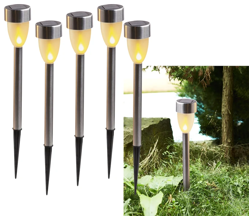 Edelstahl LED Solarleuchte, 5er Set Flackerlicht, amberfarben