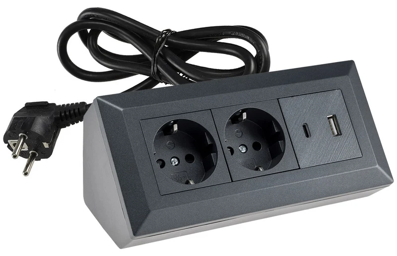 2-fach Steckdosenblock, USB-A+C, anthraz 250V~/ 16A, USB 3,1A, PD, 1,5m Kabel # OEM Keimfunk #