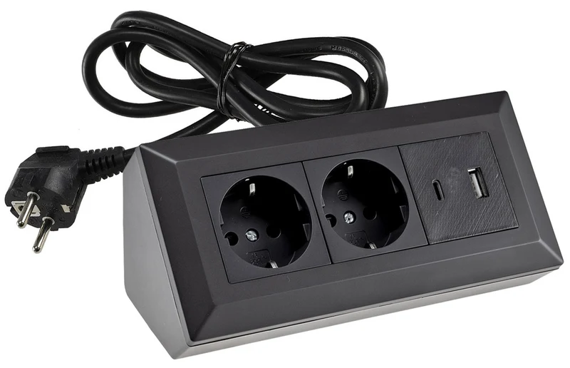 2-fach Steckdosenblock, USB-A+C, schwarz 250V~/ 16A, USB 3,1A, PD, 1,5m Kabel # OEM Keimfunk #