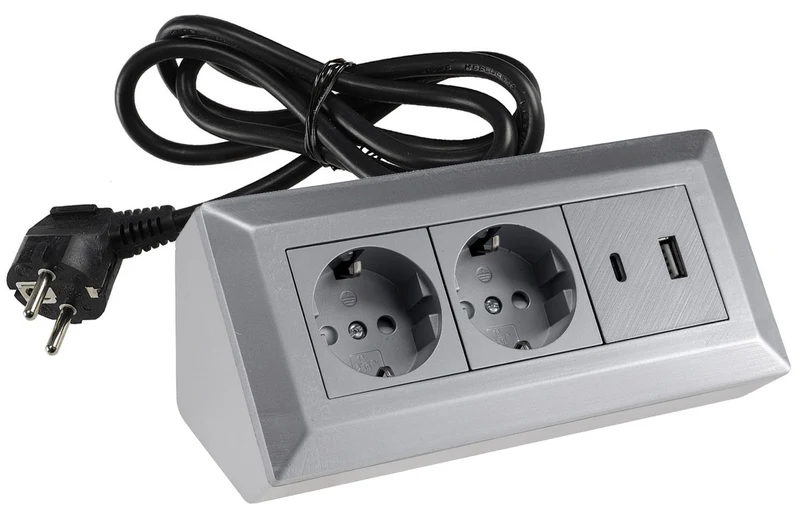 2-fach Steckdosenblock, USB-A+C, silber 250V~/ 16A, USB 3,1A, PD, 1,5m Kabel # OEM Keimfunk #