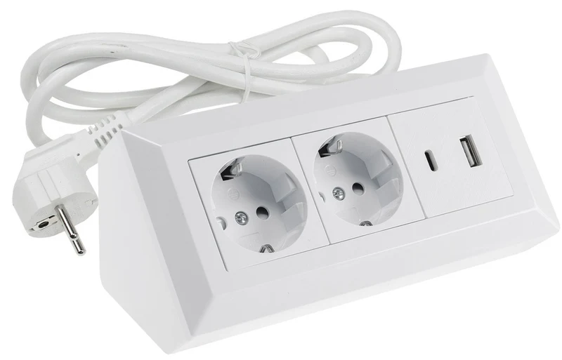 2-fach Steckdosenblock, USB-A+C, weiß 250V~/ 16A, USB 3,1A, PD, 1,5m Kabel # OEM Keimfunk #