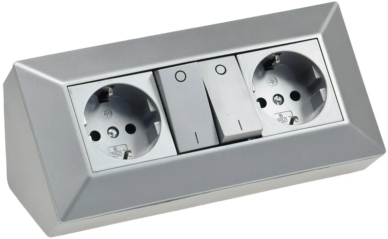 2-fach Steckdosenblock m. Schalter, silb 250V~/ 10A, Aufbaumontage # OEM Nox #