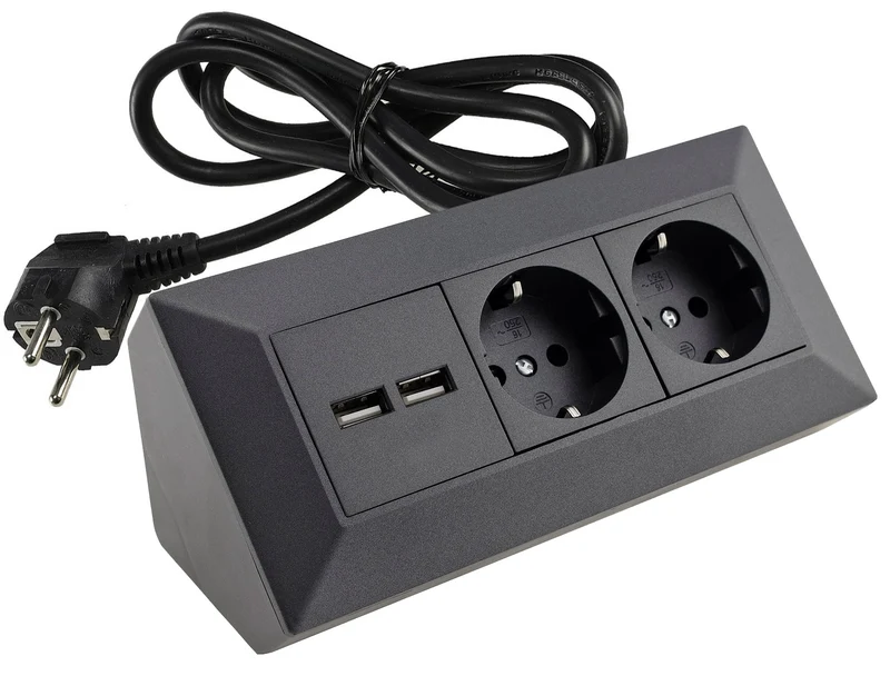 2-fach Steckdosenblock+ 2x USB,Anthrazit 250V~/ 16A, Aufbaumontage, 1,5m Kabel # OEM Keimfunk #