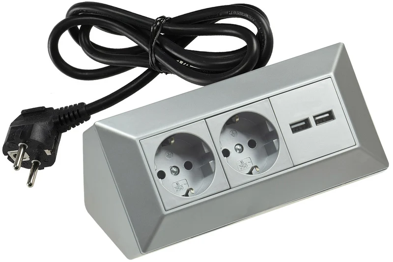 2-fach Steckdosenblock + 2x USB, silber 250V~/ 16A, Aufbau, 1,5m Kabel # OEM Keimfunk #