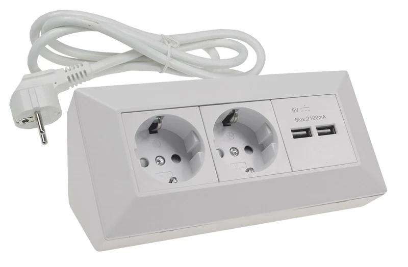2-fach Steckdosenblock+2x USB, matt-weiß 250V~/ 16A, Aufbau, 1,5m Kabel # OEM Keimfunk #
