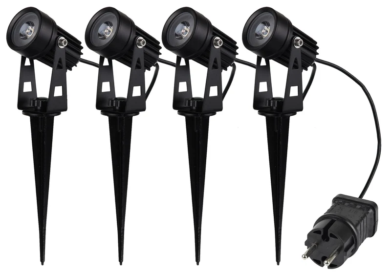 Gartenstrahler Set mit 4 Spots Netzteil, Erdspieß, 3000k, IP44