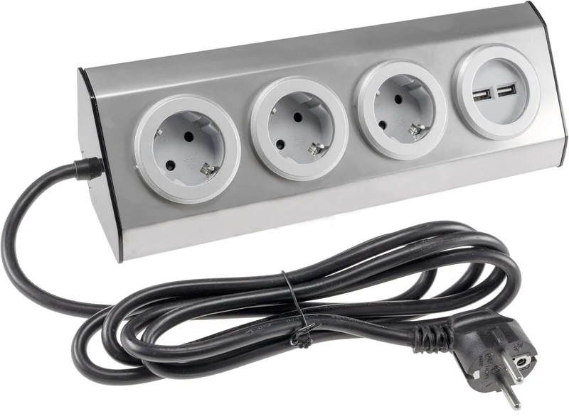 3-fach Steckdosenblock Edelstahl 2x USB 90° für Eck-& Aufbaumontage, 1,9m Kabel