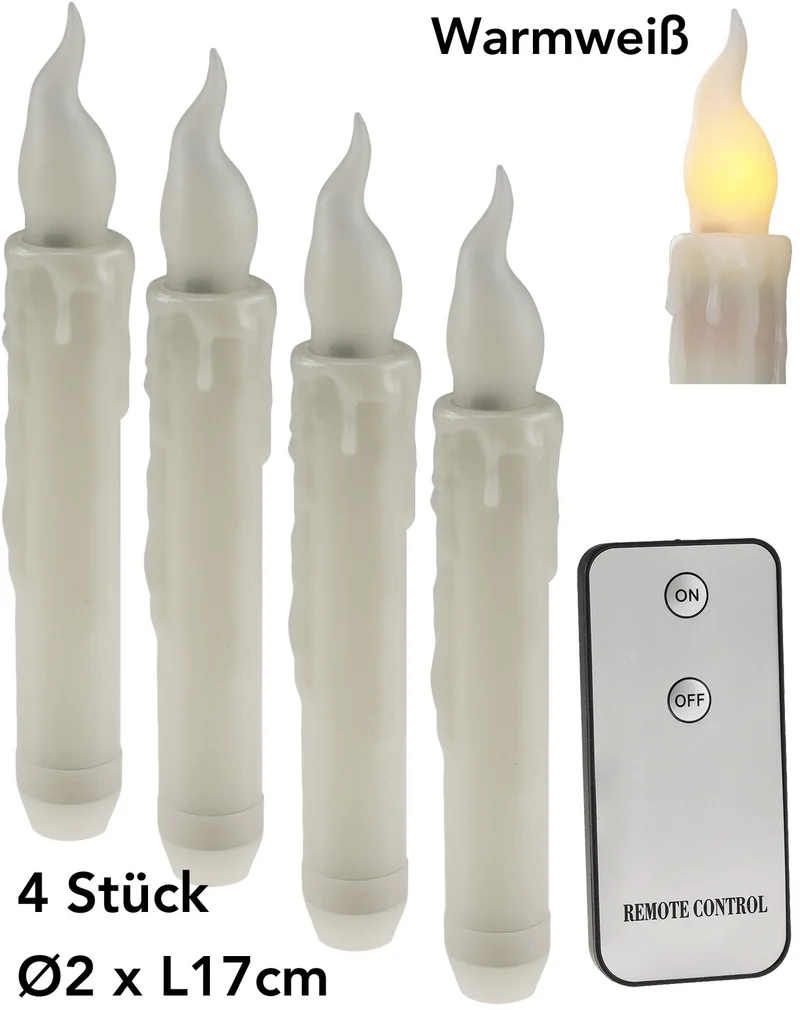LED Stabkerze 17cm Ø2cm, 4er Pack Fernbedienung, je 2x AA Batterie