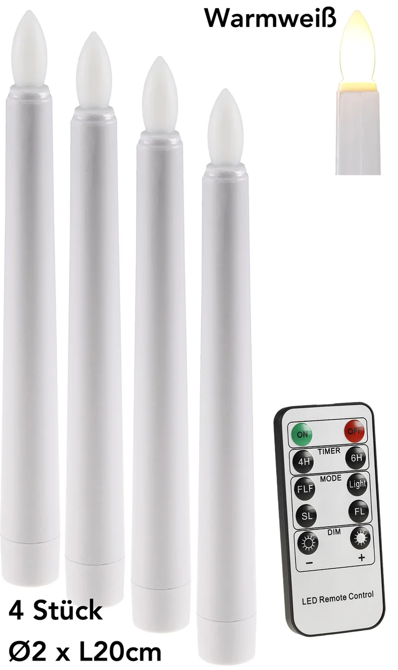 LED Stabkerze 20cm Ø2cm, 4er Pack Fernbedienung, je 3x AAA Batterie