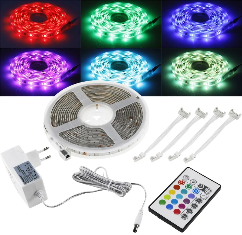 RGB LED-Stripe Set 5m + Mini Controller Farbwechsel, FB, IP20, mit Netzteil