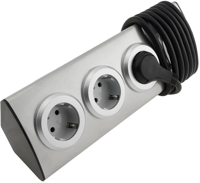 4-fach Steckdosenblock Edelstahl 90° für Eck- & Aufbaumontage, 1,9m Kabel