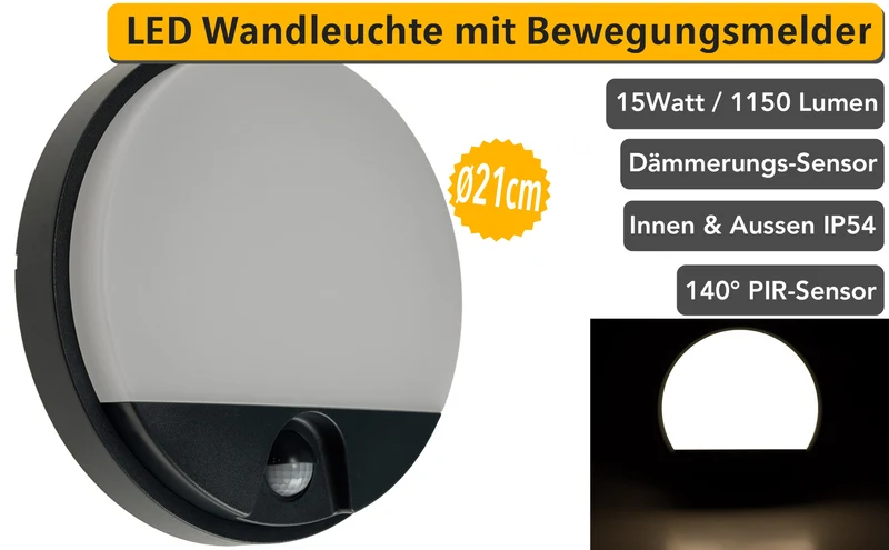 LED Wandleuchte ANTHRAZIT IP54, Rund 15W, 1150lm, Bewegungsmelder, 4000k