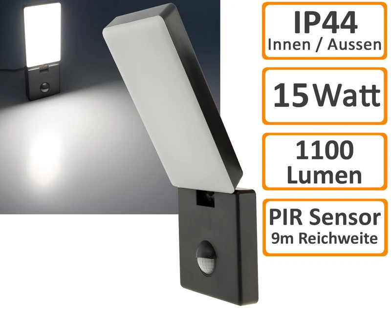 LED Wandleuchte ANTHRAZIT 4000K 15W, 1100lm, PIR-Bewegungsmelder, IP44