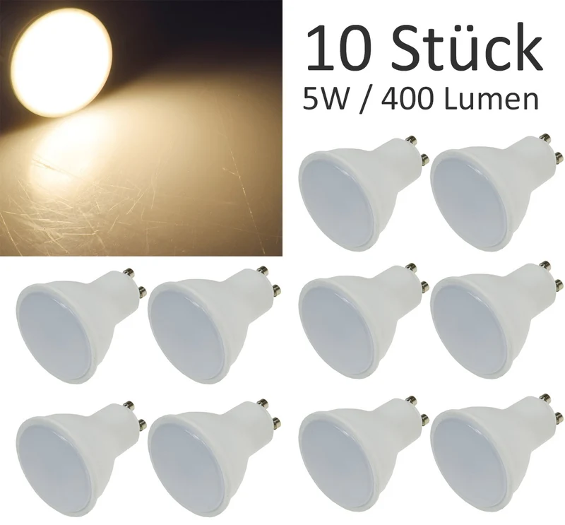 10er Pack LED Strahler GU10 3000k, 400lm, 230V/5W, 120°, warmweiß