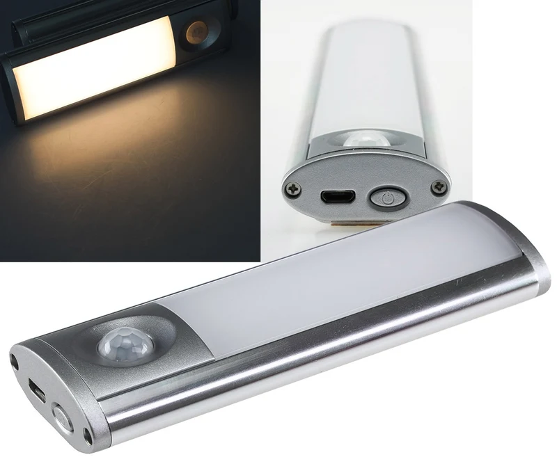 LED Akku-Leuchte PIR Sensor "MAL-12 ww" 12x4x2cm, 1W, 60lm, Alu, warmweiß