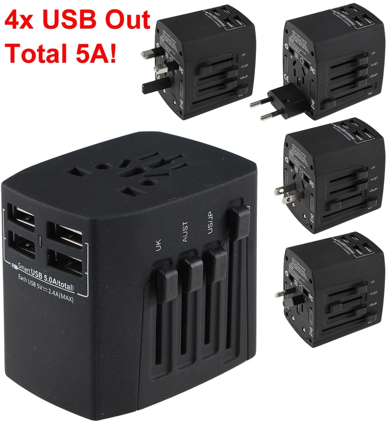 Welt-Reiseadapter mit 4x USB-Ladegerät 5V=, gesamt 5A, Adapter für 150 Länder
