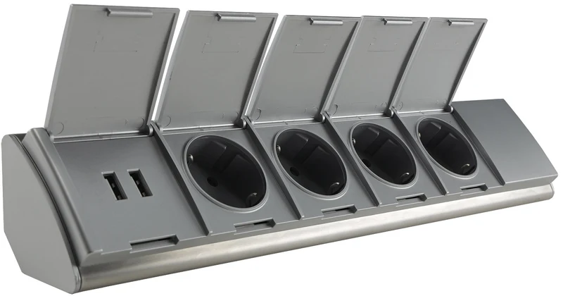 4-fach Steckdosenblock Edelstahl + 2xUSB für Aufbaumontage, 45°, Abdeckklappen
