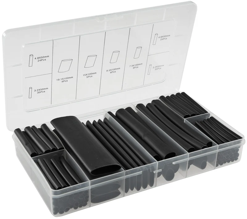 Schrumpfschlauch-Sortiment, 142-teilig Plastikbox, klebend, Ratio 3:1, schwarz