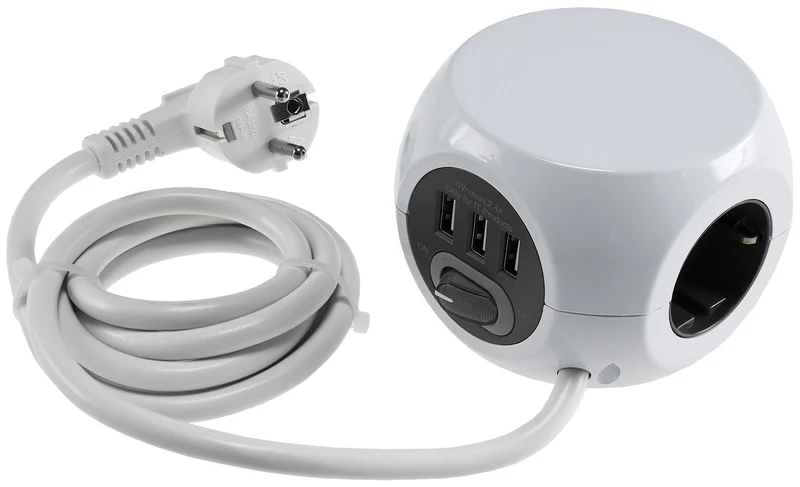 Steckdosen-Kubus 3x Schutzk + 3x USB 1,4m Zuleitung, Ein-/Aus-Schalter