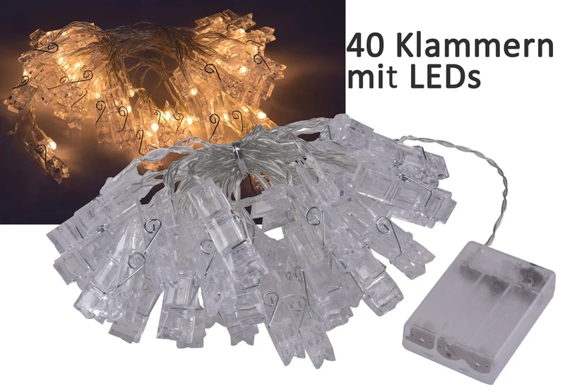 LED Lichterkette mit 40 Foto-Clips warmweiß, transp. Kabel, Batteriebetrieb