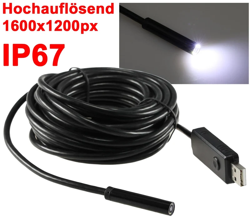Endoskopkamera USB mit 7m Kabel HD Auflösung 1600x1200, IP67 wasserfest