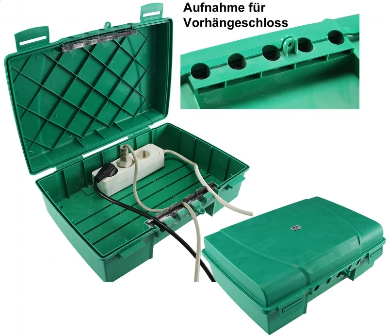 Wetterfeste Garten-Kabelbox, IP55 verschließbar, 35x24x12cm, grün