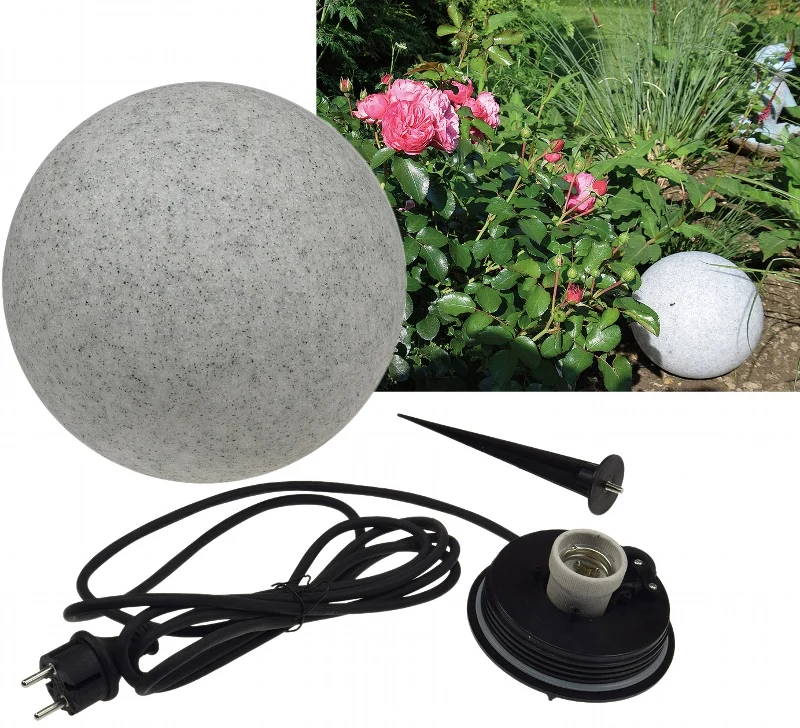 Garten Kugelleuchte Erdspieß "Granit-28" IP44, 230V, 1,5m Kabel, E27 Fassung