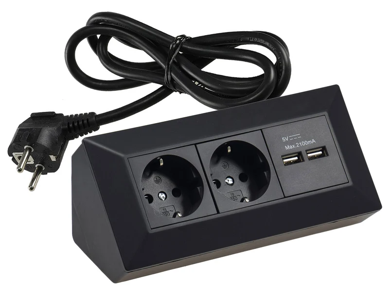Steckdosenblock 2-fach + 2x USB 1,5m Kabel schwarz